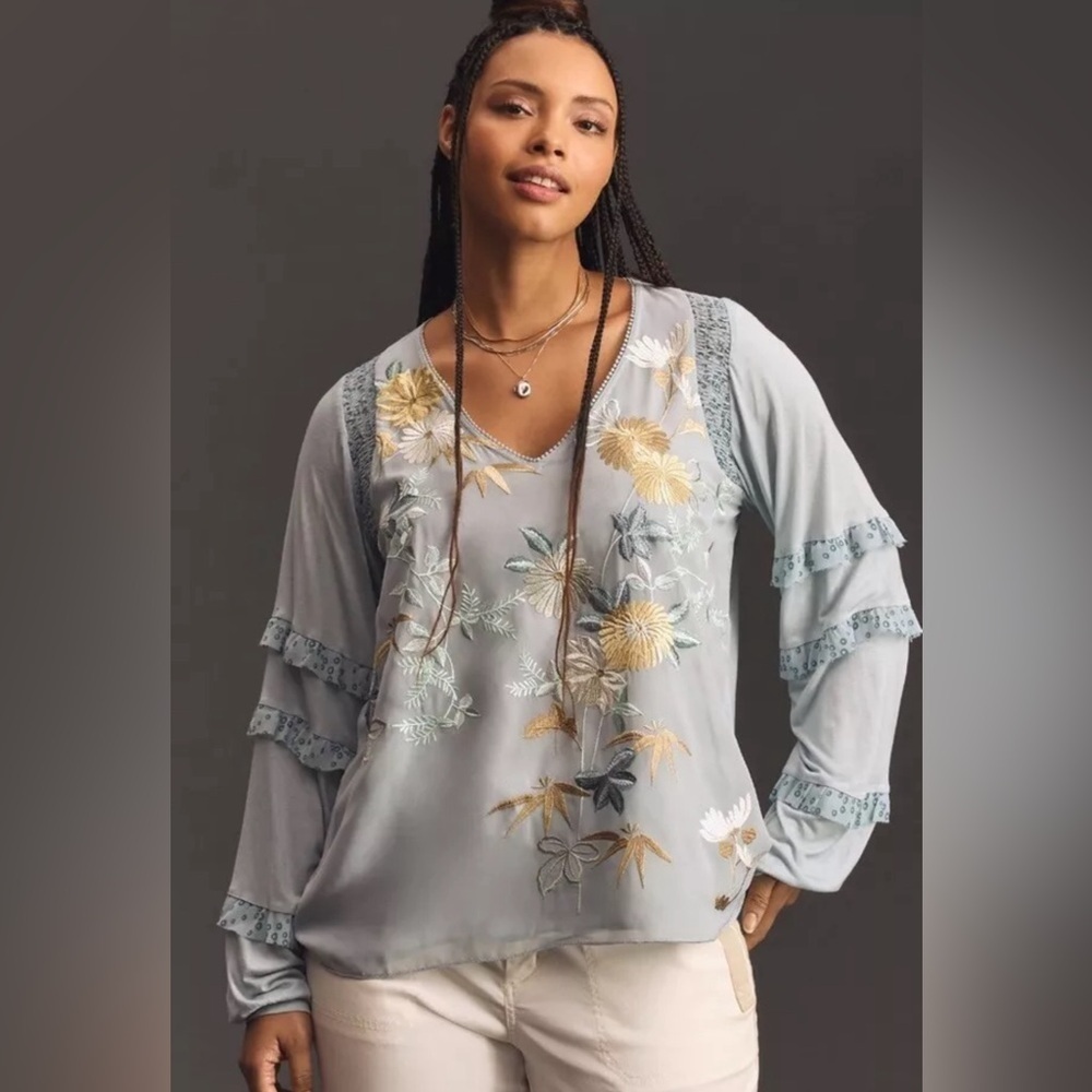 NWOT Anthropologie Tiny Frances V-Neck Long Sleeve Ruffled Top